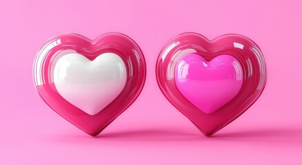 3D Render of Pink Speech Bubbles with Heart Shapes in Minimalist Design and Vibrant Colors