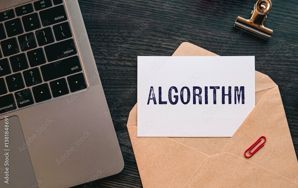 Poster there is word card with the word algorithm. it is as an eye-catching image.