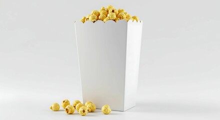 A white popcorn box filled with crispy golden popcorn, isolated on a clean white background. Perfect for cinema, movie night, snack, and food-related designs. Minimalist and appetizing composition