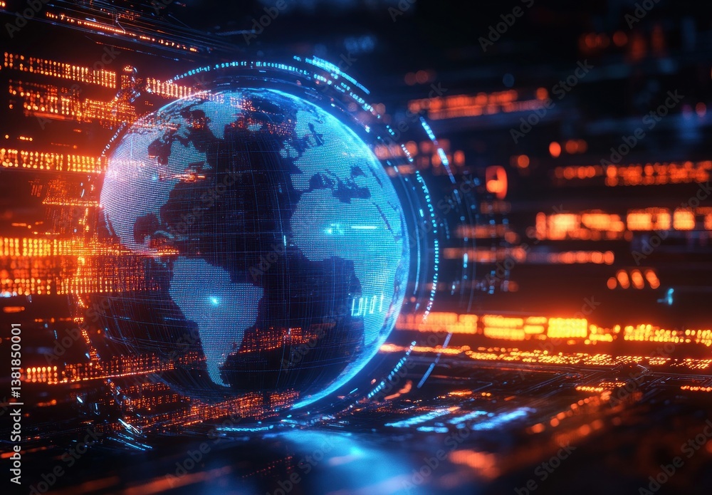 Poster futuristic digital globe hologram with neon data rings programming code technology background