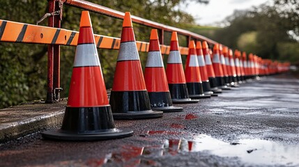 A row of orange and black traffic cones placed on a bridge during road maintenance