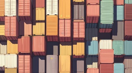 Fototapeta premium Large cargo container with stacked shipping boxes flat design top view industrial port theme cartoon drawing colored pastel. 