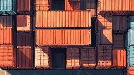 Fototapeta premium Large cargo container with stacked shipping boxes flat design top view industrial port theme cartoon drawing colored pastel. 