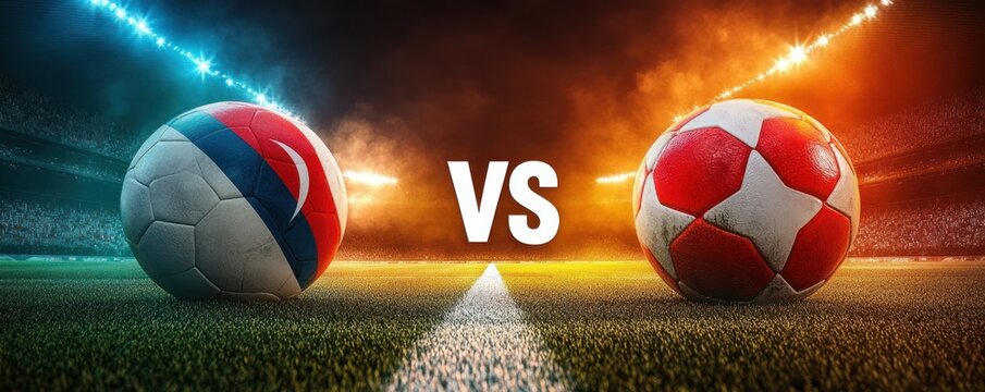 Soccer Battle Turkey vs Italy Night Match with Glowing Stadium Lights and National Flag Soccer Balls