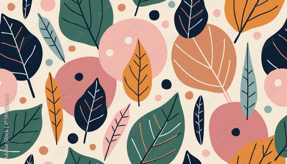 Poster colorful leaf pattern with circles on a light background