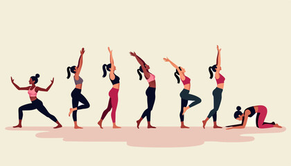 Fototapeta premium Diverse women practicing yoga poses against a light background 