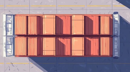 Fototapeta premium Large cargo container with stacked shipping boxes flat design top view industrial port theme cartoon drawing colored pastel. 