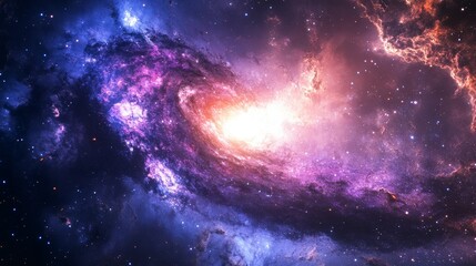 Vibrant spiral galaxy with pink and purple cosmic clouds in deep space