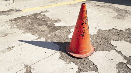 A slightly deformed traffic cone with visible dents and scratches on a rough concrete surface