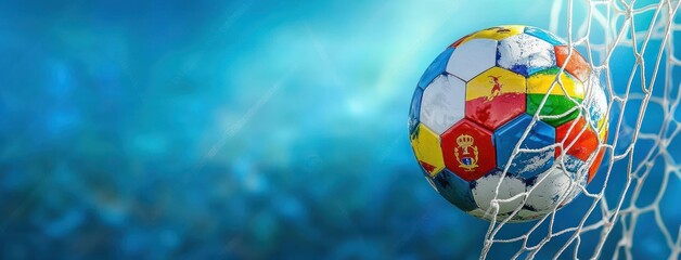 Dynamic Soccer Ball with International Flags Hitting Goal in Euro 2025 Tournament