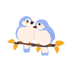 Cute vector illustration of two blue birds sitting on a branch with yellow leaves. Adorable and romantic design, perfect for greeting cards, decor, prints, and love-themed projects.