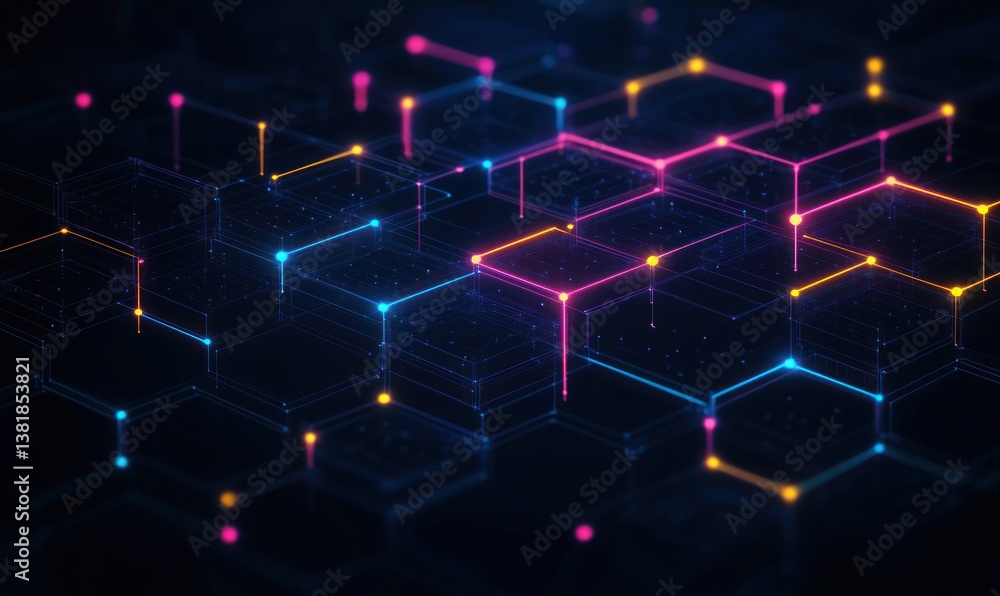 Poster geometric abstract art with hexagonal shapes and neon colors for digital technology background