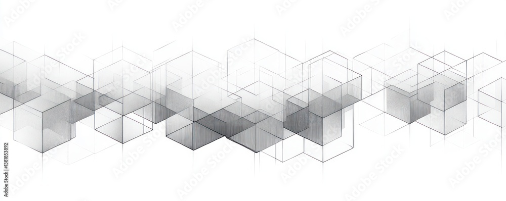 Poster geometric pattern of isometric cubes in soft grayscale illustration