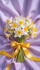 Elegant Narcissus Bouquet on Lavender Fabric
