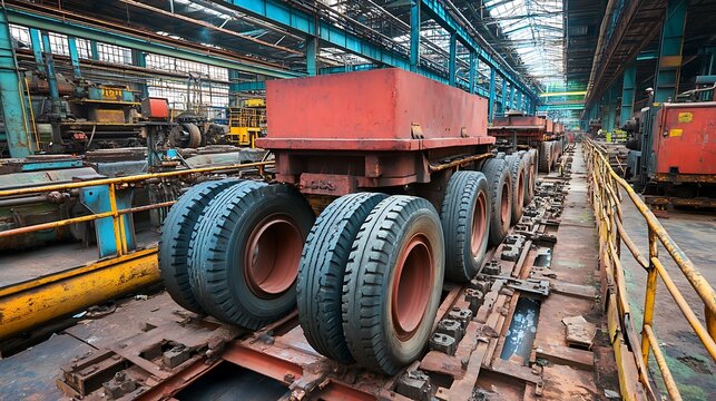 Large industrial tires and vehicle frames are inside a factory