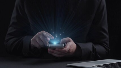 A close-up of hands using a smartphone, showcasing a glowing 24 hour clock icon and messaging notifications, symbolizing constant connectivity and communication in a digital age. Qubit - Powered by Adobe