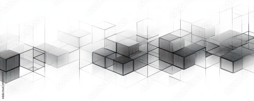 Poster geometric pattern of interconnected cubes and isometric blocks in minimalist black line art