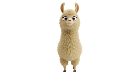 Standing Fluffy Llama with Big Eyes Isolated on White Background