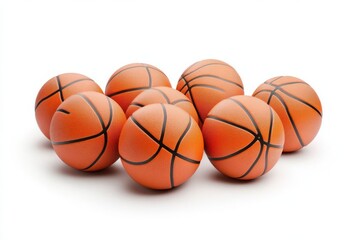 Obraz premium A flock of basketballs isolated on a white background, showcasing vibrant orange color and textured surface, ideal for sports, fitness, and athletic themes.