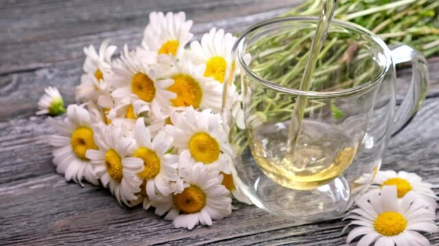 A vase of white flowers sits on a wooden table. The flowers are daisies and are arranged in a way that they are almost spilling out of the vase