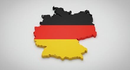 Isometric 3D rendering of Germany map filled with German flag colors on white background