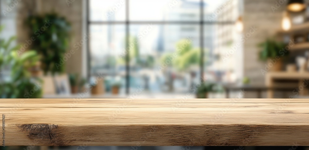 Poster wooden table in coffee shop with soft focus background bokeh light for product display and advertisi