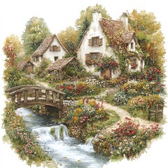 Charming cottage landscape with flowering gardens stream and bridge idyllic rural setting nature illustration