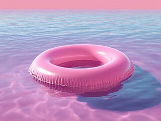 Pink Inflatable Ring Floating in Water Minimalist Artwork Summer Vacation Concept Relaxation Pool Accessory