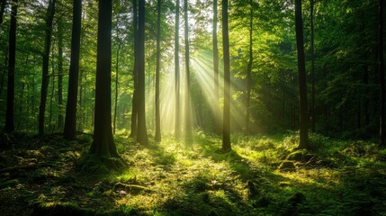 Lush green forest with sunlight filtering through dense trees, symbolizing environmental conservation. generative ai