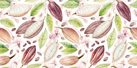 Fruits and Flowers of a chocolate tree. Seamless pattern. Cocoa Beans. Watercolor illustration. Hand drawn chocolate tree fruits and flowers in pastel colors for packaging, textiles and botanical