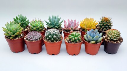 Potted cacti and succulents on white background, minimalist indoor plant decor, cactus collection in pots, copy space, high-quality photography.