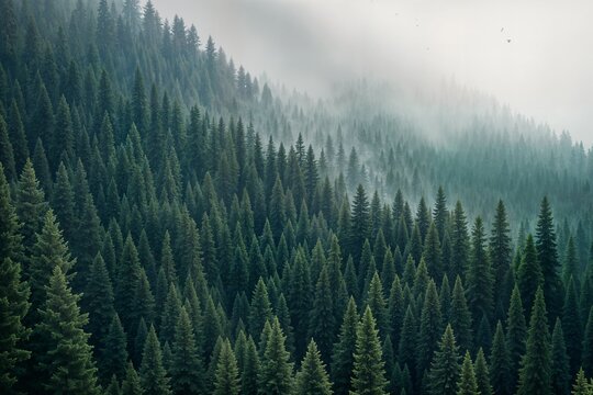 misty landscape with fir forest in hipster vintage retro style concept orman ağa&ccedil;