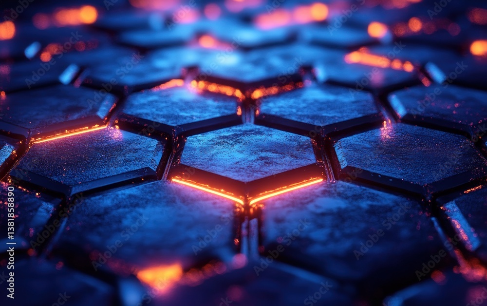 Poster futuristic hexagonal grid abstract background with glowing blue neon lights featuring molecular stru