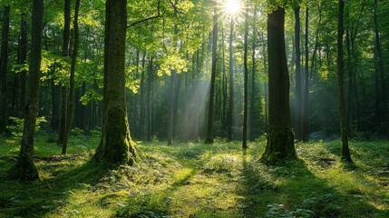 Obraz premium Lush green forest with sunlight filtering through dense trees, symbolizing environmental conservation. generative ai