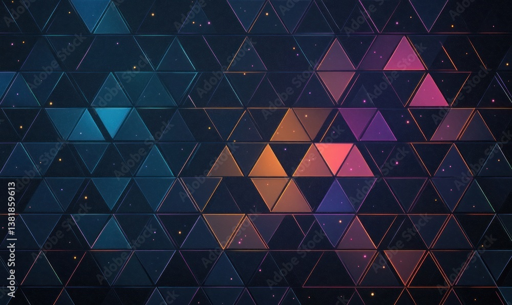 Poster seamless geometric triangle pattern with gradient colors and minimalistic design on dark background