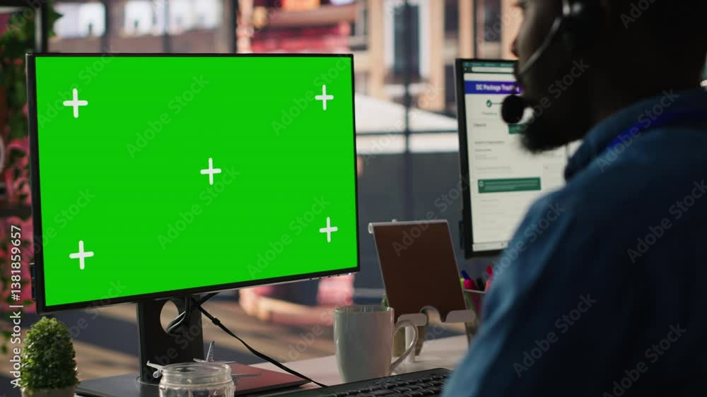 Poster technical support specialist in call center office doing troubleshooting using green screen computer