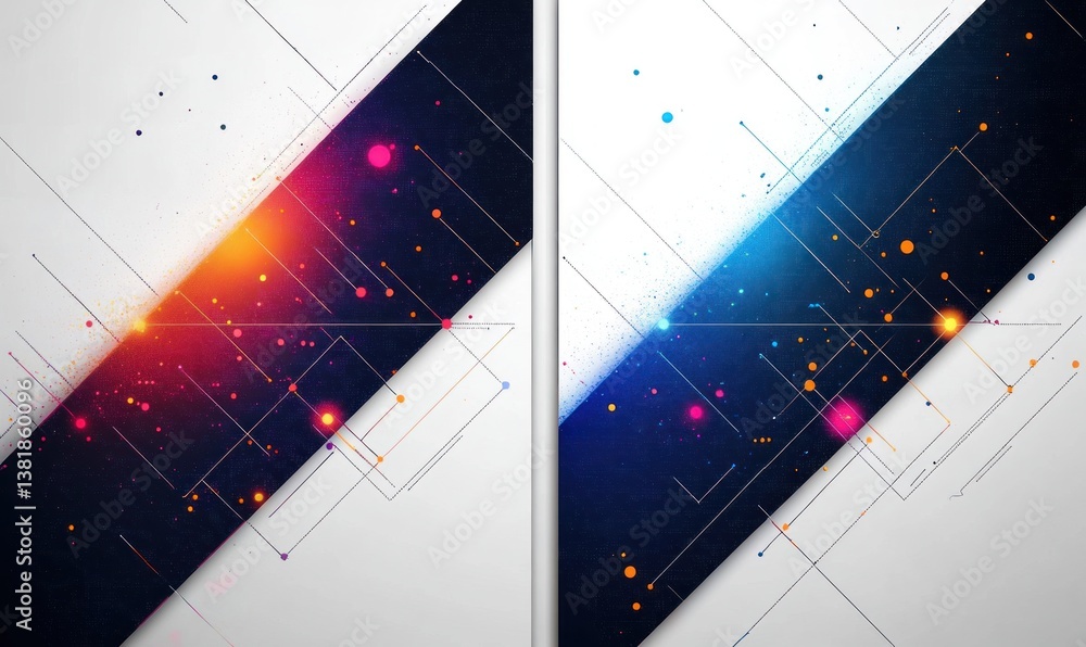 Poster geometric minimalist design with triangular patterns and vibrant dots for technology publications