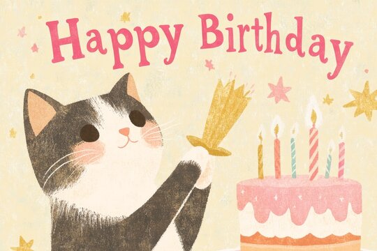 Cute cat celebrating birthday with cake and candles in whimsical illustration