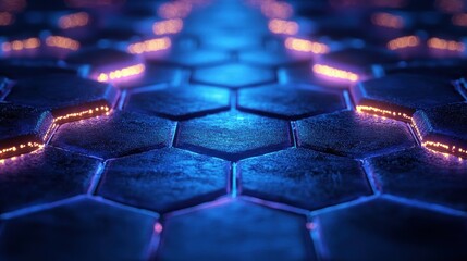 Fototapeta premium Futuristic Hexagonal Grid Structure with Glowing Blue Neon Lights for Healthcare Technology and Innovation