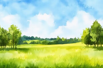 Fototapeta premium Watercolor summer landscape featuring a green meadow, trees, and blue sky. Hand-drawn countryside scenery, ideal for postcards, banners, or designs. Vibrant and serene nature illustration.