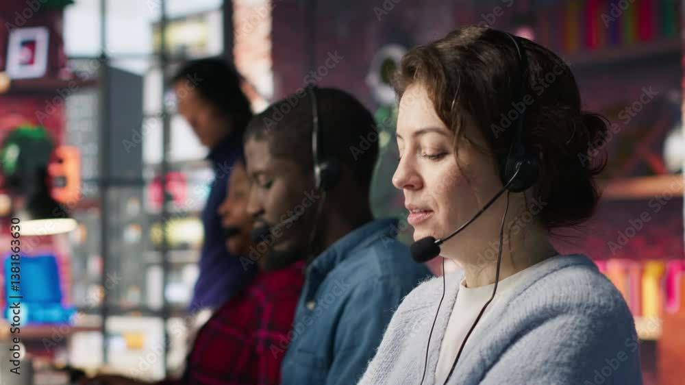 Poster call center agent handling inbound calls, assisting customers with inquiries, updating account recor