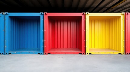 Open storage container with visible interior compartments flat design side view warehouse storage theme water color Triadic Color Scheme.