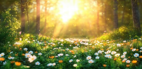 Vibrant forest meadow filled with wildflowers and blooming anemones under bright sunshine in spring