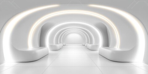 Obraz premium Futuristic Minimalistic White Room with Soft Glowing Lighting and Curved Walls