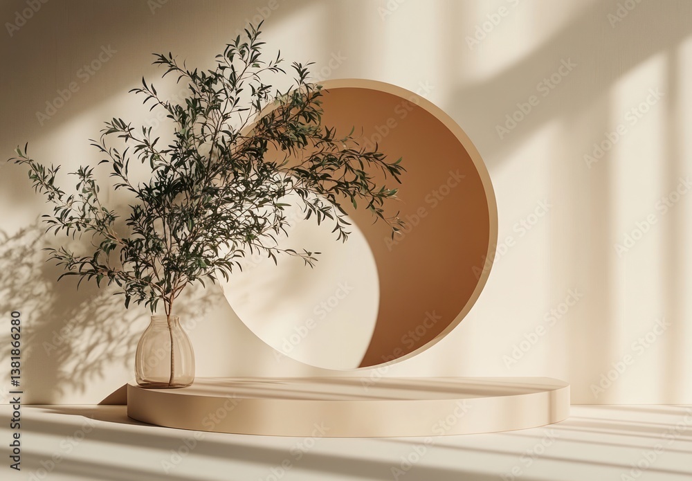 Poster minimalist 3d display podium with tree on beige background for product promotion and advertisement