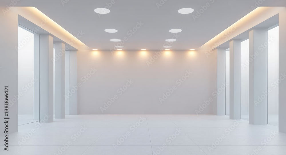 Poster minimalist empty white room with embedded ceiling lights and smooth walls