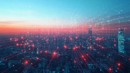 Futuristic cityscape with digital network connections at dusk