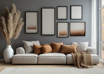 Scandinavian Minimalist Living Room with Cozy Sofa Gray Walls and Gallery Wall Decor