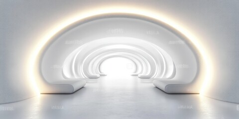 Obraz premium Minimalistic White Futuristic Interior with Glowing Arch Lighting and Curved Walls