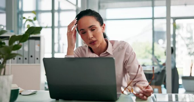 Business, headache and woman with stress, laptop and pressure with deadline, company audit and confused. Person, financial clerk or employee in office, migraine or doubt with profit crisis or mistake